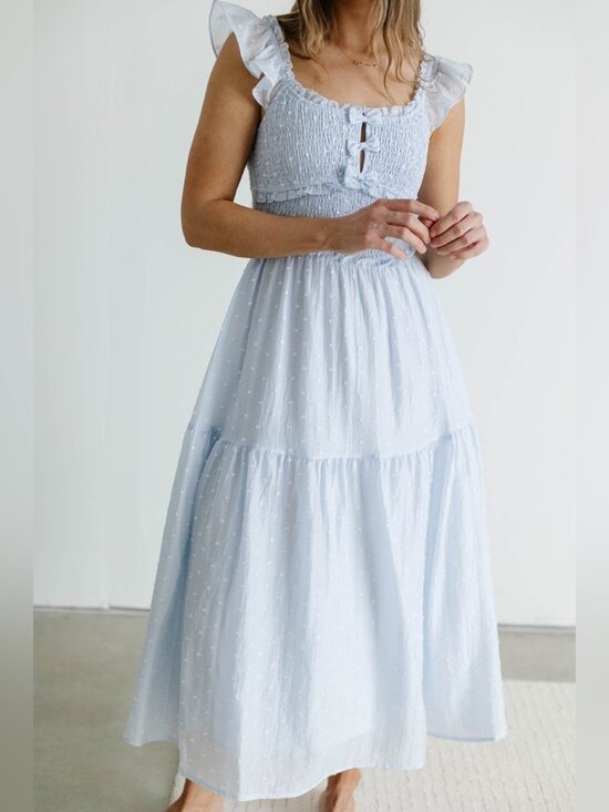 Moon River Dresses & Skirts - NEW Moon River Porter Clip Dot Ruffle Detail Smocked Midi Dress in Light Blue
